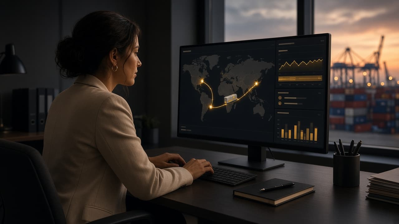 Integrante del equipo de Everest monitoreando la ruta y la temperatura de un contenedor refrigerado en un panel de trazabilidad de la cadena de suministro